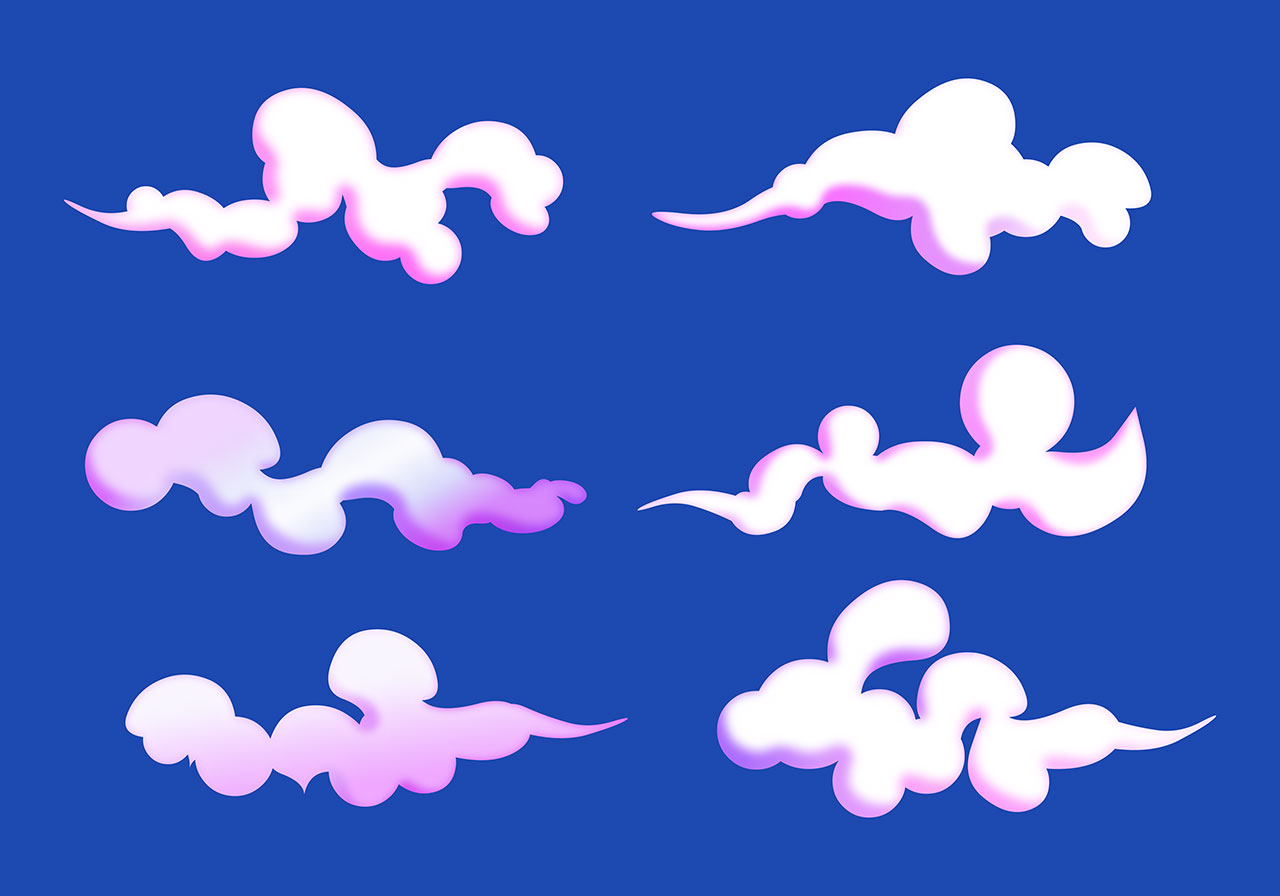 3d clouds, clouds vector graphic. Set of stunning white-pink-violet 3d clouds vector graphic. Beautiful floating 3d clouds vector graphic. White cartoon clouds vector graphic. Vector graphic with CC0 license, best for a variety of projects, including designs, animations, and more.