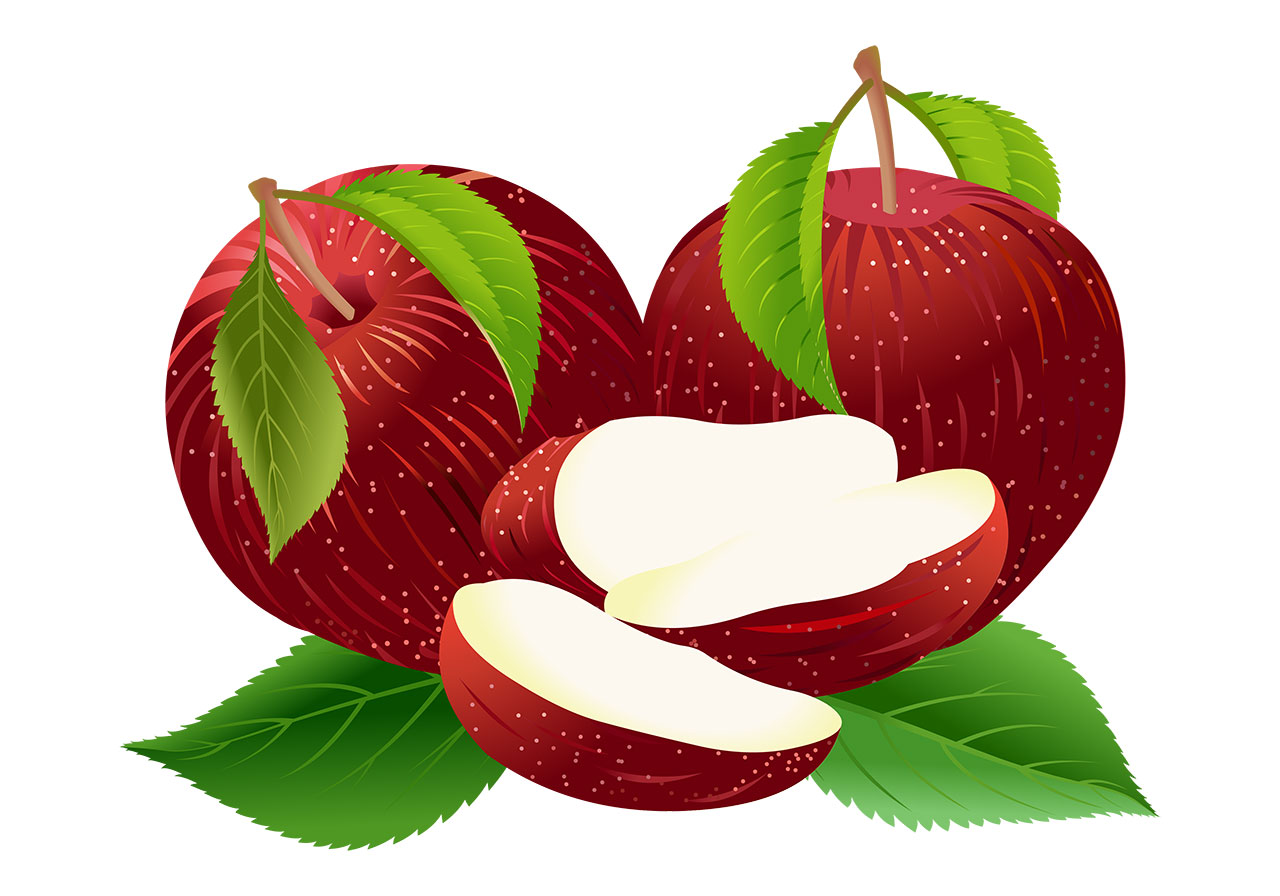 Apples with leaves vector graphic. Beautiful apples, fruits with green leaves, vector graphic. Two fresh, whole, ripe apples and two wedges of a third apple nestled together with green leaves vector graphic. Vector graphic with CC0 license, best for a variety of projects, including designs, animations, and more.