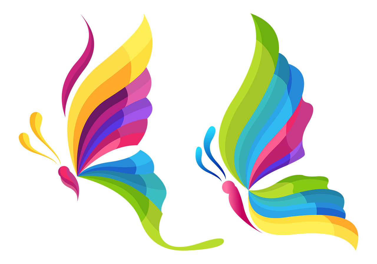 Butterfly, design, pattern vector graphic. A set of two colourful butterflies design vector graphics. Two stylized butterflies, in abstract shapes, presented on a white background vector graphic. Vector graphic with CC0 license, best for a variety of projects, including designs, animations, and more.