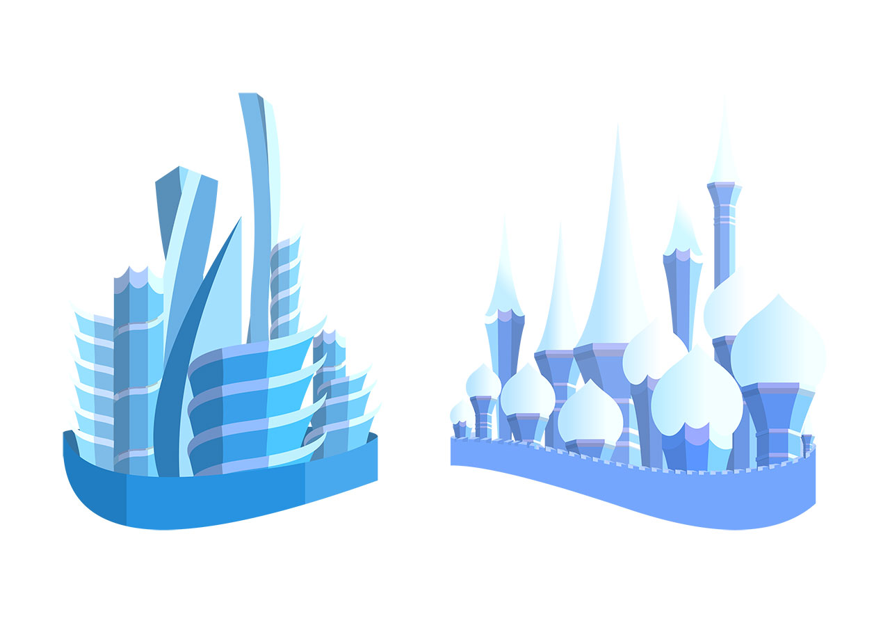 Castle, fort, building vector graphic. A modern skyscraper with sharp, geometric forms in traditional architectural style, with another castle with a series of domes and spires, vector graphic. Vector graphic with CC0 license, best for a variety of projects, including designs, animations, and more.