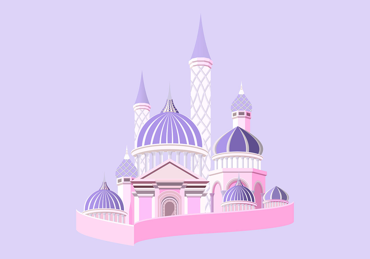 Fairytale castle, fort vector graphic. Pink fortress, castle vector graphic. Stunning pink temple vector graphic. Cartoon castle vector graphic. Stylised, whimsical architectural structure vector graphic. Vector graphic with CC0 license, best for a variety of projects, including designs, animations, and more.