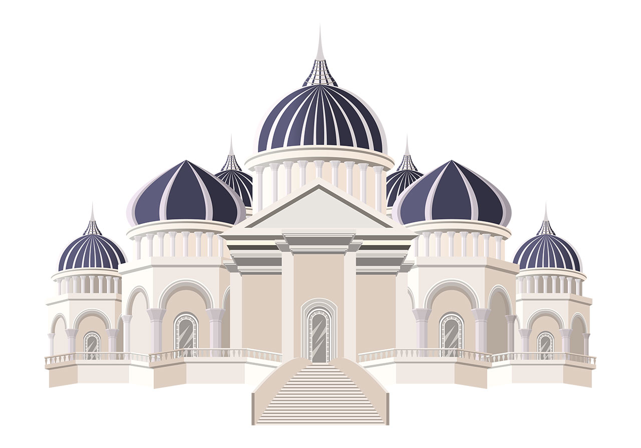Fairytale castle, temple vector graphic. Stunning castle, fort vector graphic. A grand, symmetrical, and ornate architectural structure resembling a temple or a palace vector graphic. Vector graphic with CC0 license, best for a variety of projects, including designs, animations, and more.