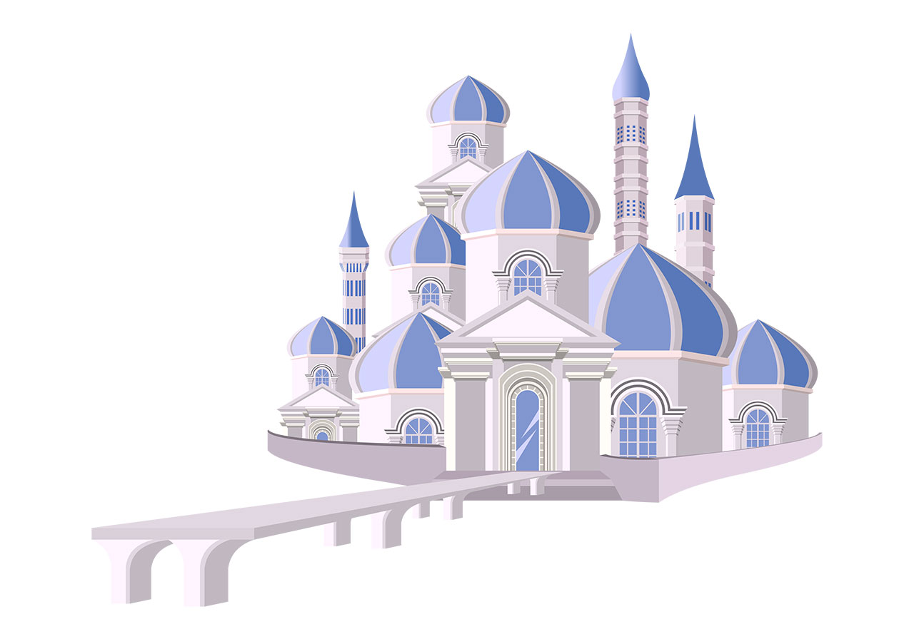 Fairytale fort, castle vector graphic. Beautiful castle, fort, temple vector graphic. A Stylized, fantastical palace vector graphic. Stunning blue-white fairytale castle vector graphic. Cartoon castle vector graphic. Vector graphic with CC0 license, best for a variety of projects, including designs, animations, and more.