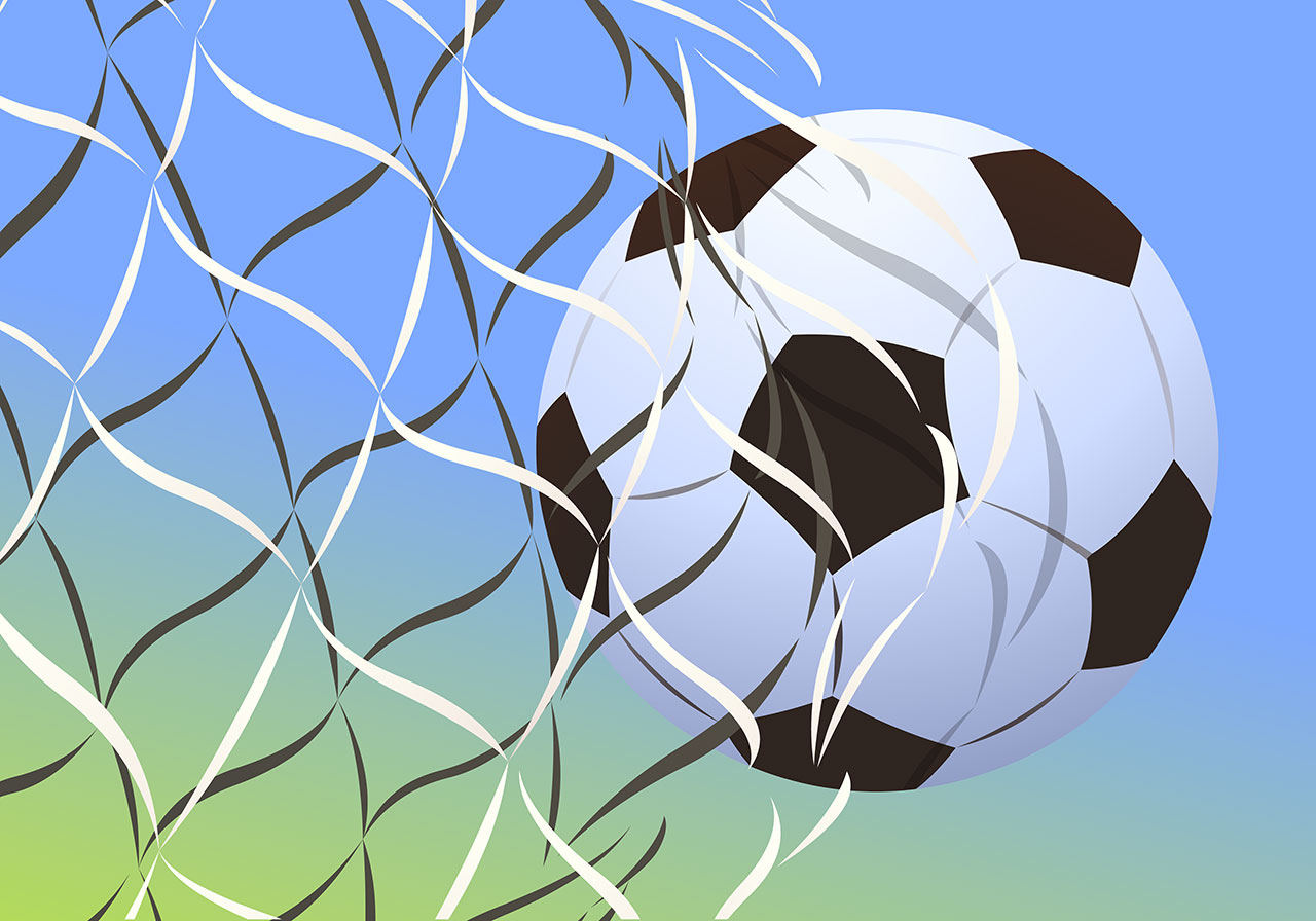 Football goal nets vector graphic. A beautiful soccer ball, passing through a goal net vector graphic. Stunning football in motion on sky blue- green background vector graphic. Football, Soccer ball vector graphic. Vector graphic with CC0 license, best for a variety of projects, including designs, animations, and more.