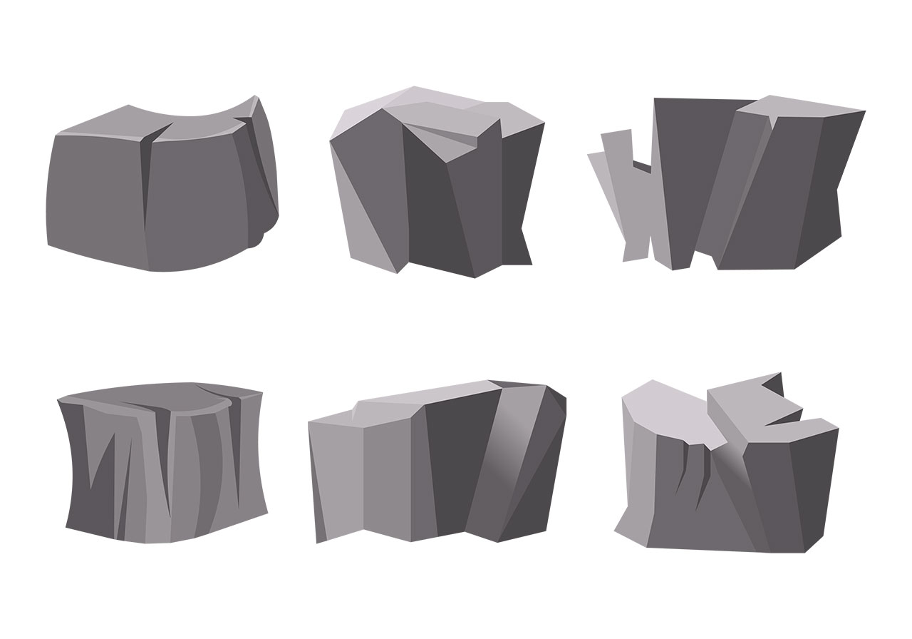 Granite rocks, stones vector graphic. A set of black and grey granite rocks, stones, and boulders vector graphic. A collection of six stylized granite rocks depicted as solid, abstract forms, vector graphic. Vector graphic with CC0 license, best for a variety of projects, including designs, animations, and more.