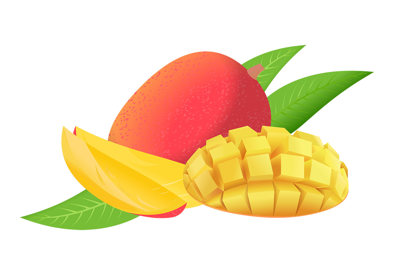Mango with leaves vector graphic. Beautiful mango with slices and green leaves vector graphic. Stunning ripe mango with two sliced pieces and one other piece, that has been expertly diced into small, uniform cubes with green leaves vector graphic. Vector graphic with CC0 license, best for a variety of projects, including designs, animations, and more.