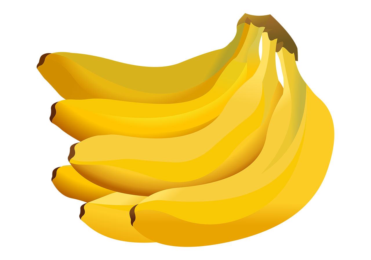 Ripe banana, fruit vector graphic. A bunch of beautiful, yellow, ripe bananas, fruit vector graphic. A bunch of five ripe bananas arranged in a cluster vector graphic. Beautiful fruit vector graphic. Vector graphic with CC0 license, best for a variety of projects, including designs, animations, and more.