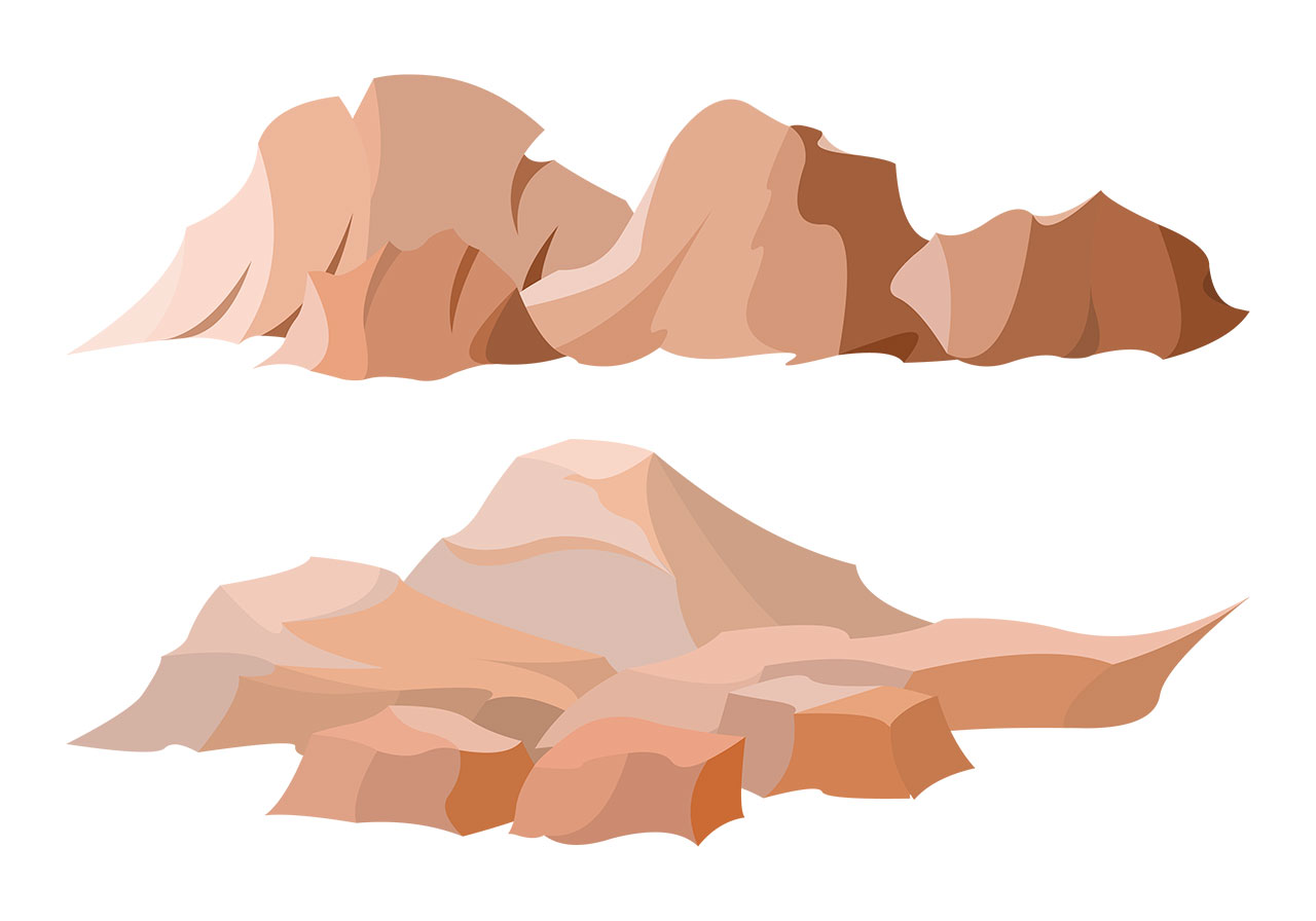 Sandstones, desert rocks vector graphic. A set of brown desert rocks, stones vector graphic. Beautiful rocks vector graphic. A collection of boulders and smaller stones vector graphic. Vector graphic with CC0 license, best for a variety of projects, including designs, animations, and more.