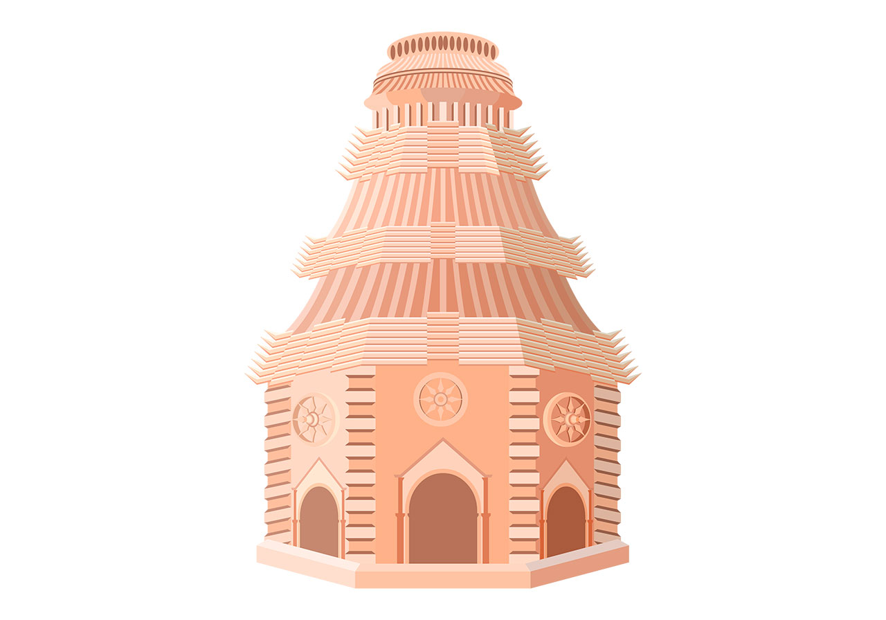 Terracotta temple design vector graphic. A stylized, multi-tiered architectural structure resembling a stupa or a tiered pagoda vector graphic. Beautiful old-style, historical temple vector graphic. Vector graphic with CC0 license, best for a variety of projects, including designs, animations, and more.