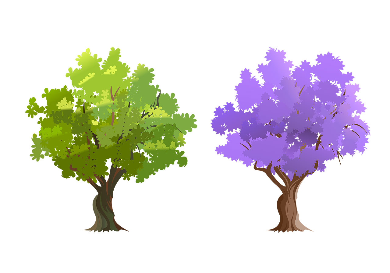 Tree, trunk, leaves vector graphic. Two stylized trees, one with a dense canopy of leaves in various shades of bright, vibrant green, and another adorned with a profusion of small, delicate blossoms in vivid shades of purple, vector graphic. Vector graphic with CC0 license, best for a variety of projects, including designs, animations, and more.