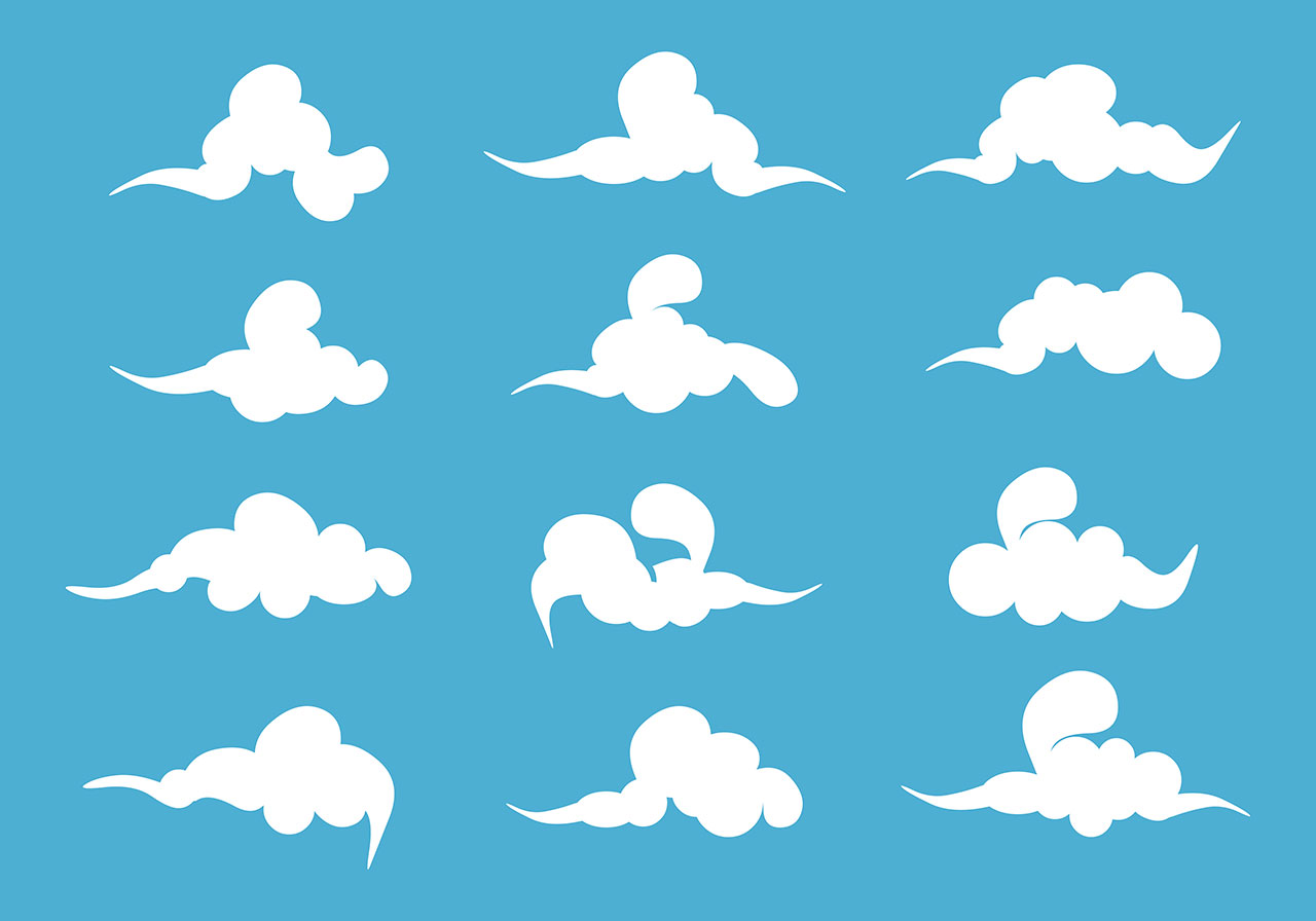 White clouds set vector graphic. Set of white, cartoon clouds vector graphic. Beautiful clouds vector graphic. A collection of stylized, white cloud formations scattered across a vibrant blue background vector graphic. Vector graphic with CC0 license, best for a variety of projects, including designs, animations, and more.
