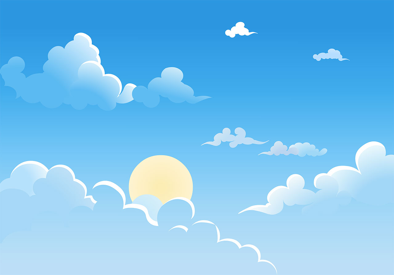 White clouds, sky vector graphic. Beautiful blue sky adorned with white clouds and sun vector graphic. Beautiful sun and a collection of clouds vector graphic. White clouds in a blue sky vector graphic. Vector graphic with CC0 license, best for a variety of projects, including designs, animations, and more.
