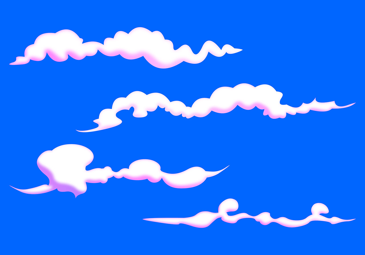 3d clouds, cloudy vector graphic. Four distinct, stylized clouds floating in a vibrant blue sky vector graphic. Stunning 3d fluffy white clouds vector graphic. Vector graphic with CC0 license, best for a variety of projects, including designs, animations, and more.