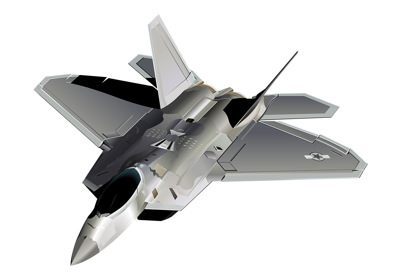 Aeroplane, airplane, jet vector graphic. Modern fighter jet vector graphic. F-22 Raptor, fighter jet vector graphic. Realistic digital illustration of an F-22 Raptor fighter jet vector graphic. Vector graphic with CC0 license, best for a variety of projects, including designs, animations, and more.