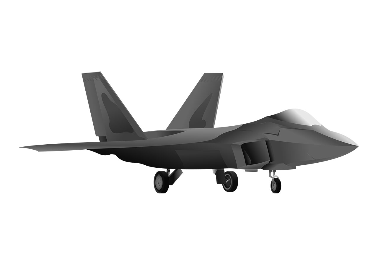 Aeroplane, fighter jet vector graphic. A modern fighter jet, airplane, bomber jet specifically depicted in a three-quarter profile view vector graphic. Metallic grey fighter jet vector graphic. Vector graphic with CC0 license, best for a variety of projects, including designs, animations, and more.