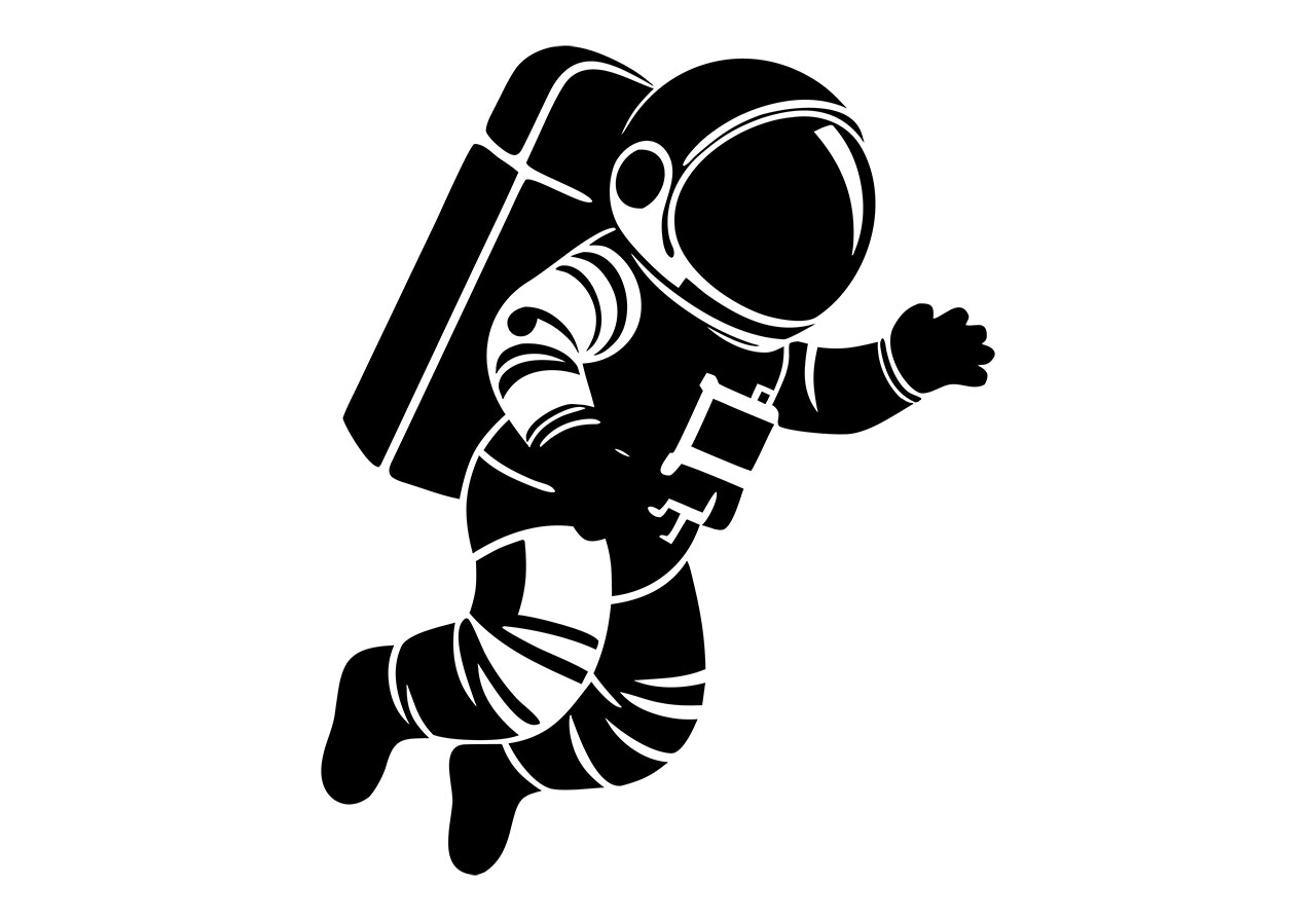 Astronaut clip art vector graphic. An astronaut in a spacesuit, depicted in mid-flight clip art vector graphic. A black and white clip art of an astronaut floating in space vector graphic. Vector graphic with CC0 license, best for a variety of projects, including designs, animations, and more.