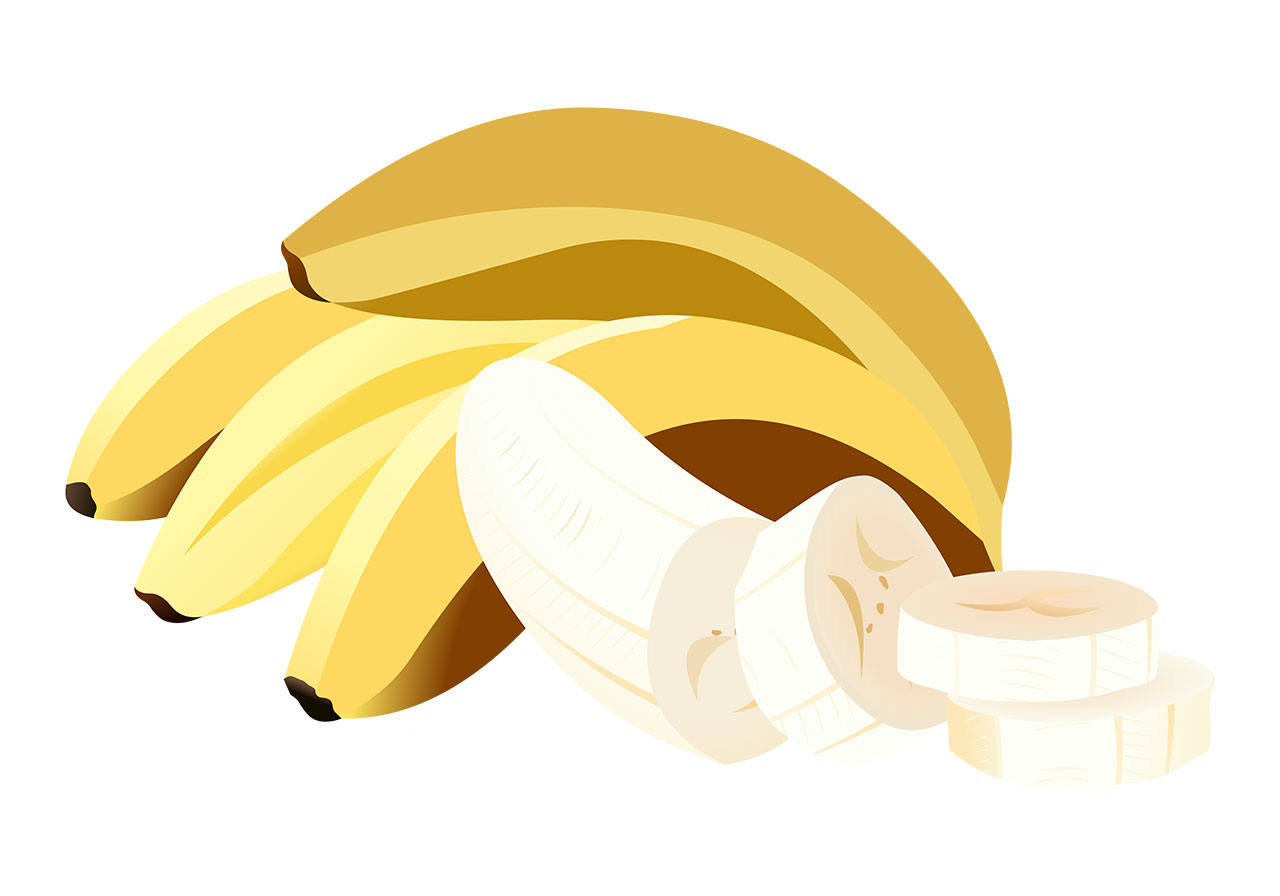 Banana with slices vector graphic. Ripe, yellow bananas with a peeled and sliced piece vector graphic. A bunch of whole, unpeeled bananas with one partially peeled and sliced piece exposing its creamy white flesh, vector graphic. Vector graphic with CC0 license, best for a variety of projects, including designs, animations, and more.