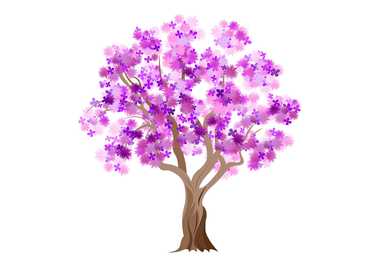 Blooming cherry tree vector graphic. Pink flowering tree vector graphic. Stunning cherry, sakura tree vector graphic. Pink and purple cherry-blossom tree vector graphic. Vector graphic with CC0 license, best for a variety of projects, including designs, animations, and more.