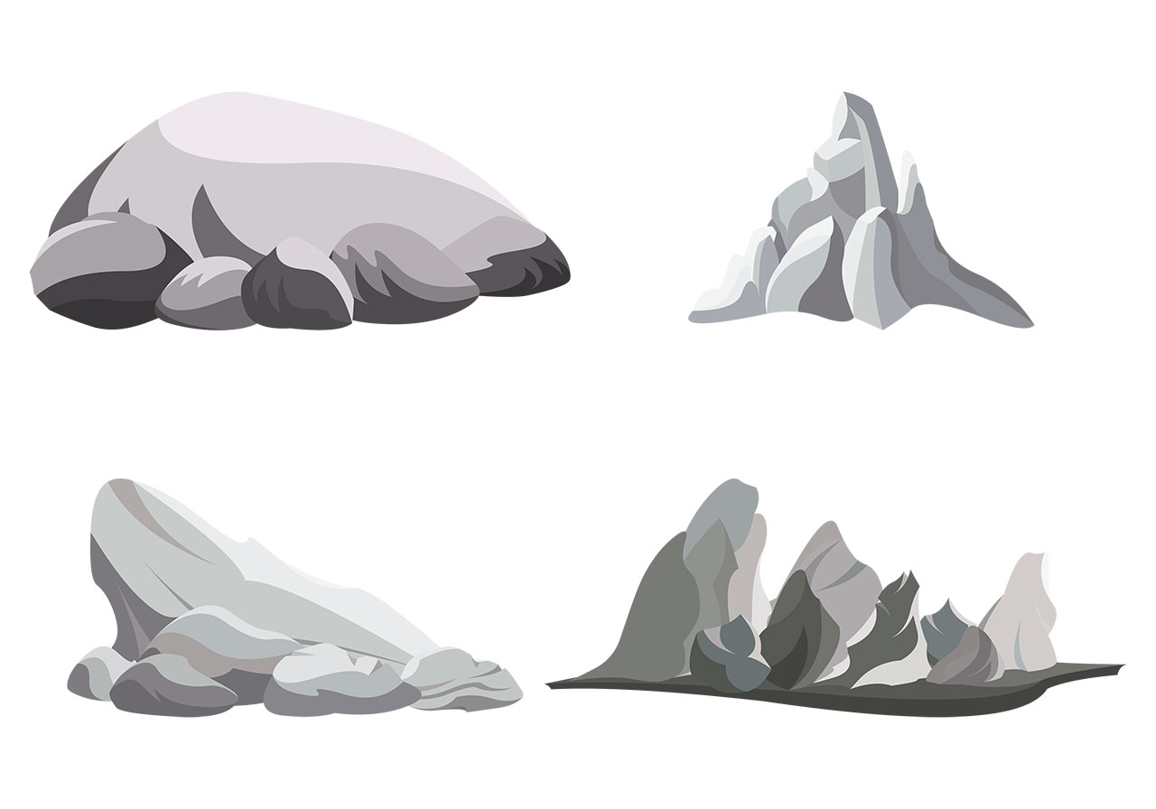 Boulders, rocks, stones vector graphic. A collection of four distinct rock formations vector graphic. Grey white rocks vector graphic. Marble rocks, stones, boulders vector graphic. Vector graphic with CC0 license, best for a variety of projects, including designs, animations, and more.