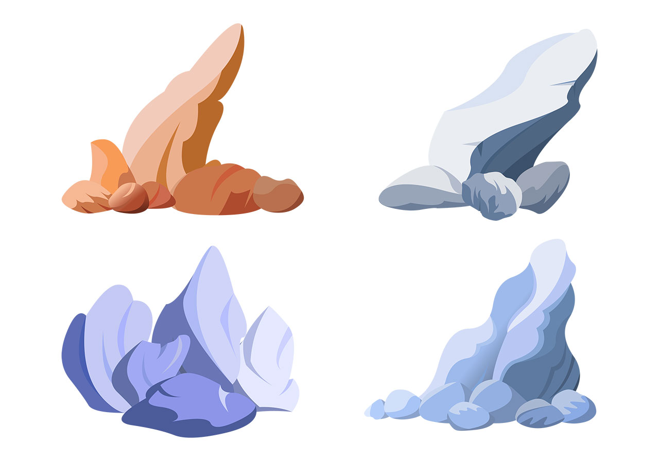 Boulders, stones, rocks vector graphic. Set of rocks, boulder vector graphic. Four distinct clusters of abstract, stylized rocks vector graphic. Sandstone, desert rock vector graphic. Vector graphic with CC0 license, best for a variety of projects, including designs, animations, and more.