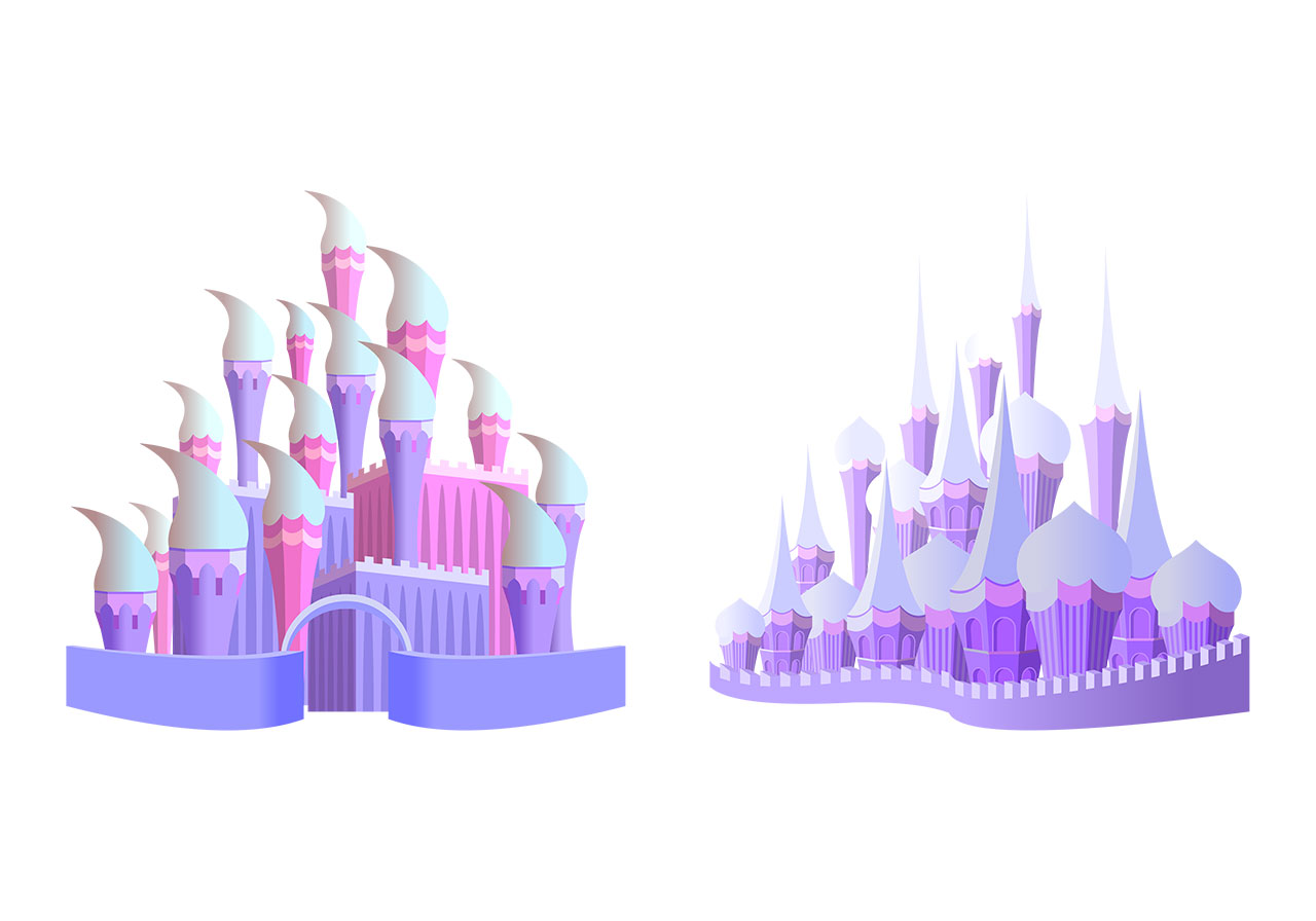 Cartoon castles, forts vector graphic. Fantastical castle with a vibrant composition of towers and turrets, like ice cream cones, and another castle composed of numerous spires and domes, vector graphic. Vector graphic with CC0 license, best for a variety of projects, including designs, animations, and more.