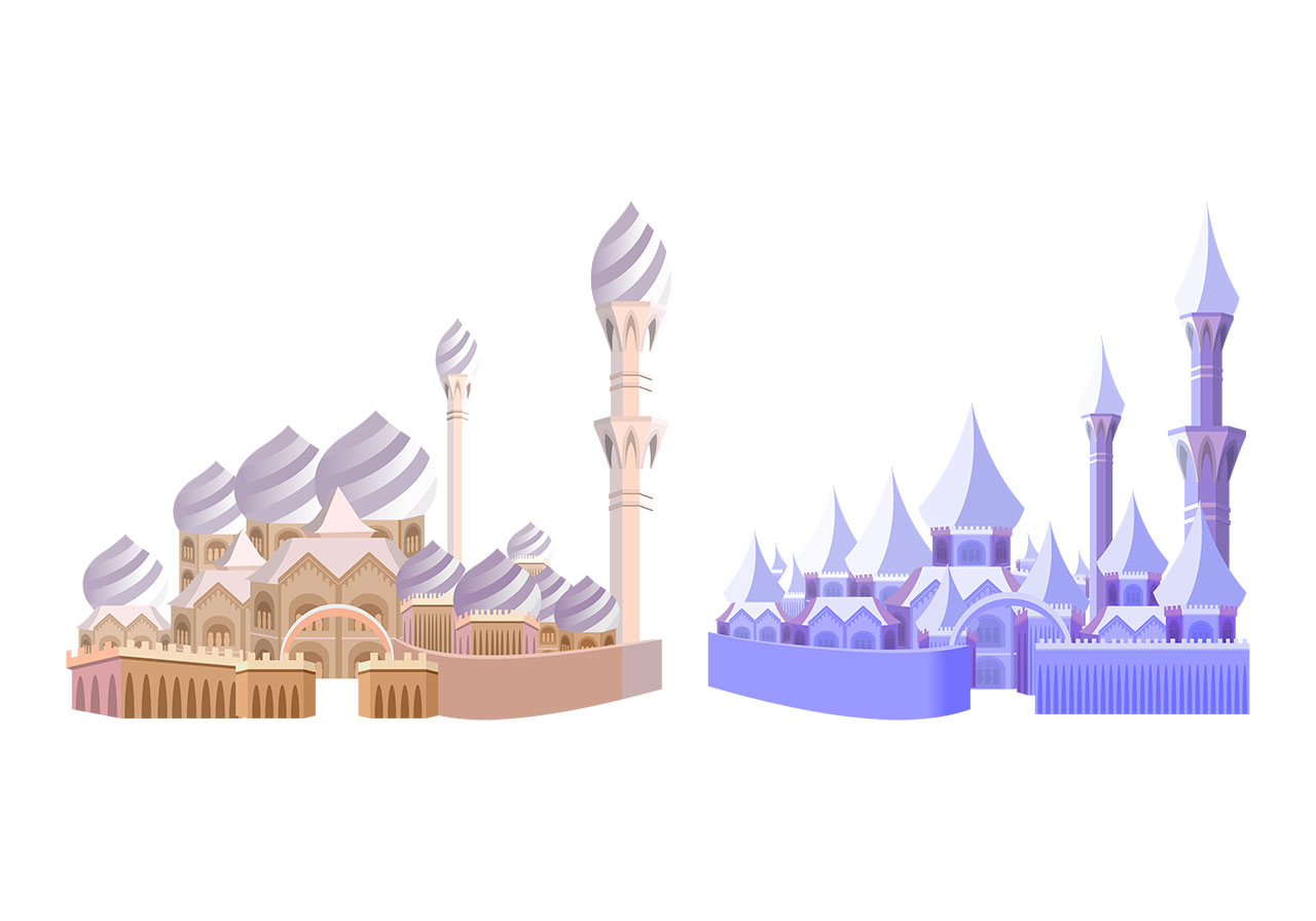 Castle, architecture, building vector graphic. A complex of buildings with multiple domes and a contrasting structure rises, appearing more like a fantastical or ice castle, characterized by sharp, pointed spires and towers, vector graphic. Fairytale castle vector graphic. Vector graphic with CC0 license, best for a variety of projects, including designs, animations, and more.
