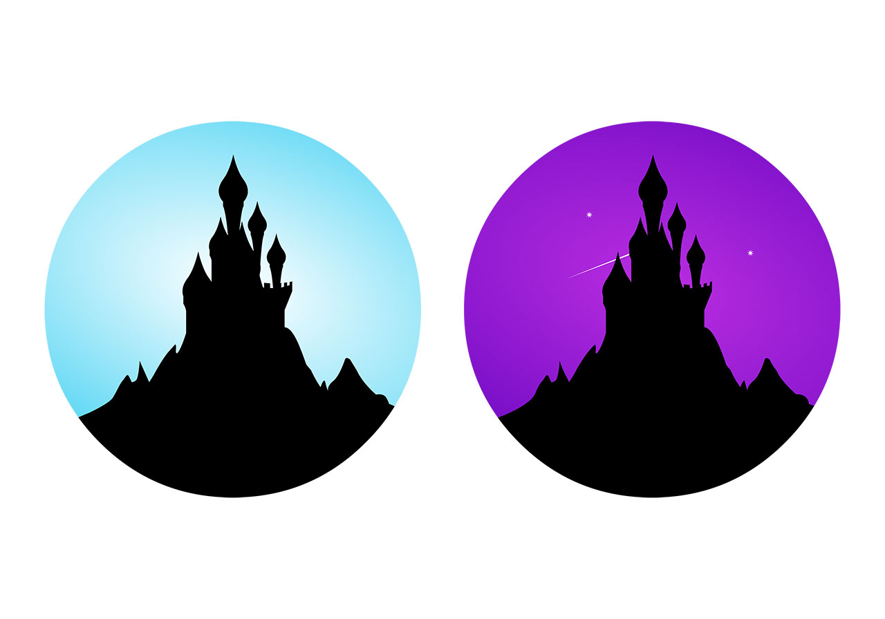 Castle logo, icon vector graphic. Two silhouetted castles, each presented within a circular frame vector graphic. Haunted, spooky castle on a mountain vector graphic. Halloween castle vector graphic. Vector graphic with CC0 license, best for a variety of projects, including designs, animations, and more.