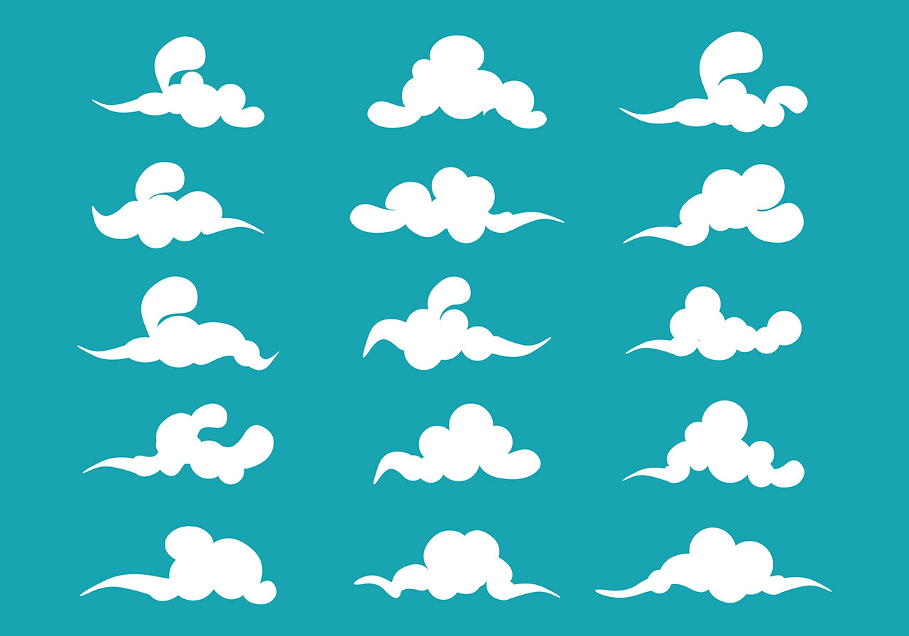 Cloudy, clouds, weather vector graphic. Stunning 2d white clouds vector graphic. A series of stylised, white cloud formations vector graphic. Simple floating white clouds vector graphic. Vector graphic with CC0 license, best for a variety of projects, including designs, animations, and more.