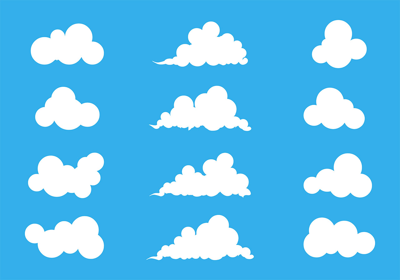Cloudy, sky, clouds vector graphic. Beautiful clouds vector graphic. Stunning 2d clouds vector graphic. Set of white clouds vector graphic. A collection of stylised, graphic clouds rendered in solid white against a blue background vector graphic. Vector graphic with CC0 license, best for a variety of projects, including designs, animations, and more.