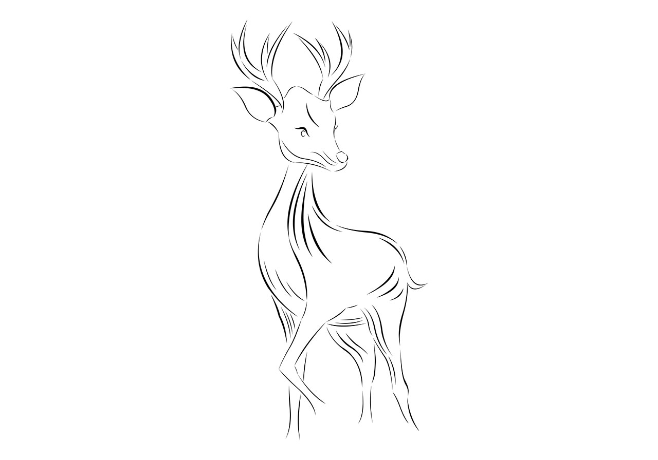 Deer line art vector graphic. Deer, fawn, antelope line art vector graphic. Animal clip art vector graphic. A stylized, graceful depiction of a deer, rendered in minimalist black line art vector graphic. Vector graphic with CC0 license, best for a variety of projects, including designs, animations, and more.