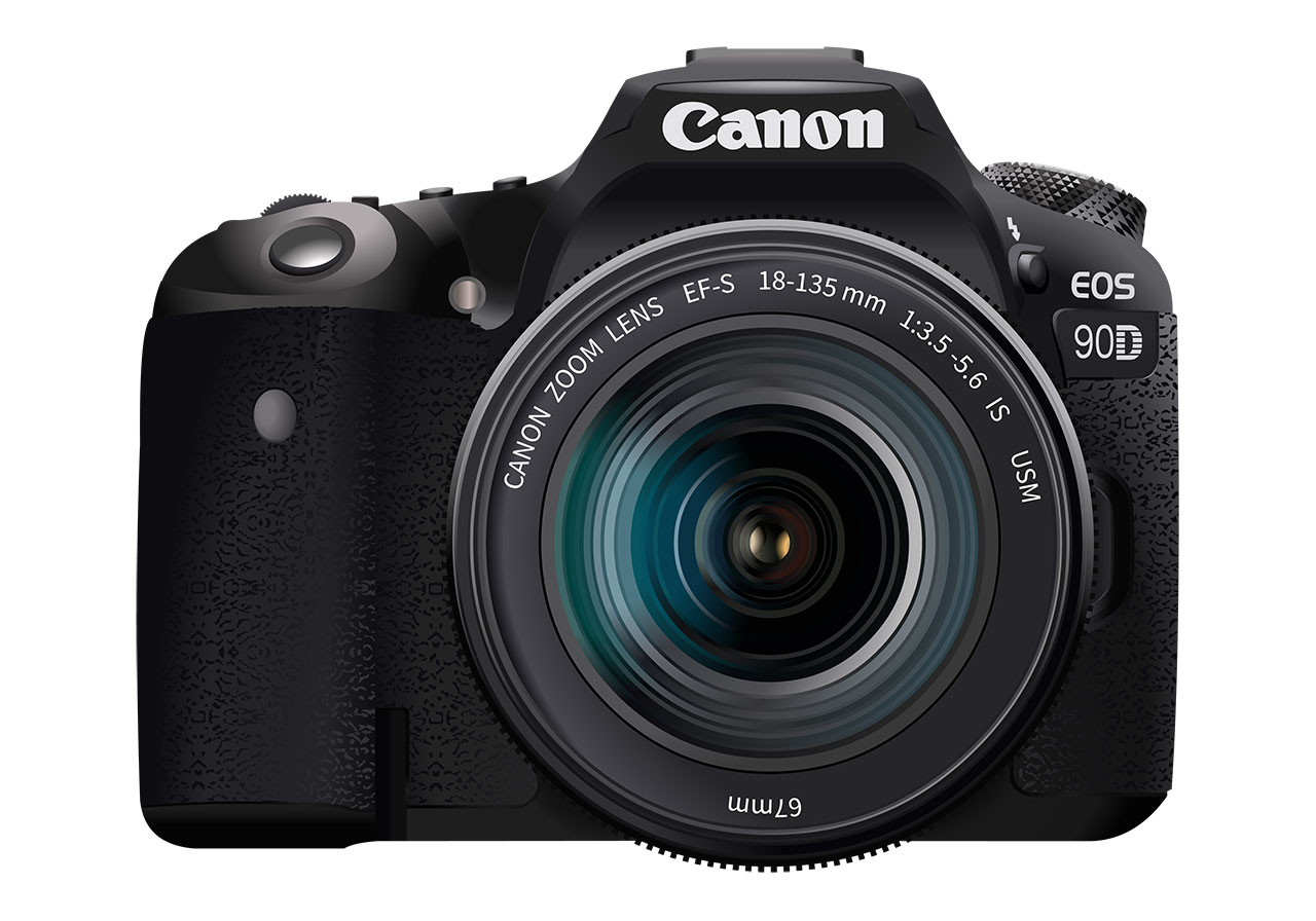 Digital camera, DSLR vector graphic. Stunning digital Canon camera, DSLR vector graphic. Canon EOS 90D digital single-lens reflex (DSLR) camera vector graphic. Vector graphic with CC0 license, best for a variety of projects, including designs, animations, and more.