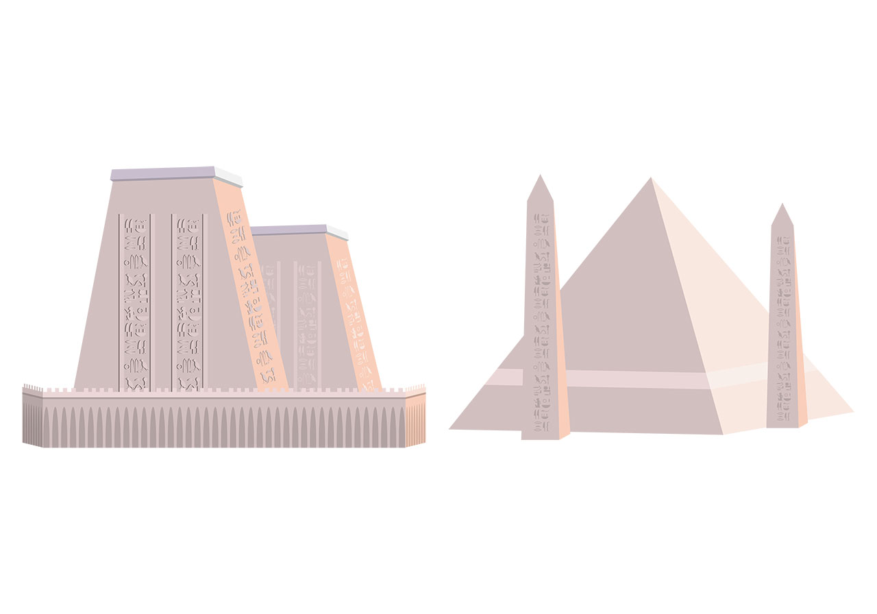 Egyptian architecture, pyramid vector graphic. Beautiful ancient Egyptian pyramid architecture vector graphic. Set of two distinct groups of ancient Egyptian structures presented in a stylized manner, vector graphic. Vector graphic with CC0 license, best for a variety of projects, including designs, animations, and more.