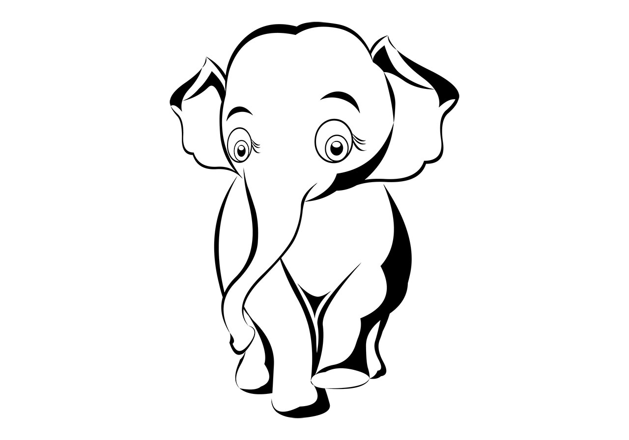 Elephant clip art vector graphic. A stylized, cartoonish baby elephant line art vector graphic. Black and white elephant cub vector graphic. Black and white animal, elephant clip art vector graphic. Vector graphic with CC0 license, best for a variety of projects, including designs, animations, and more.