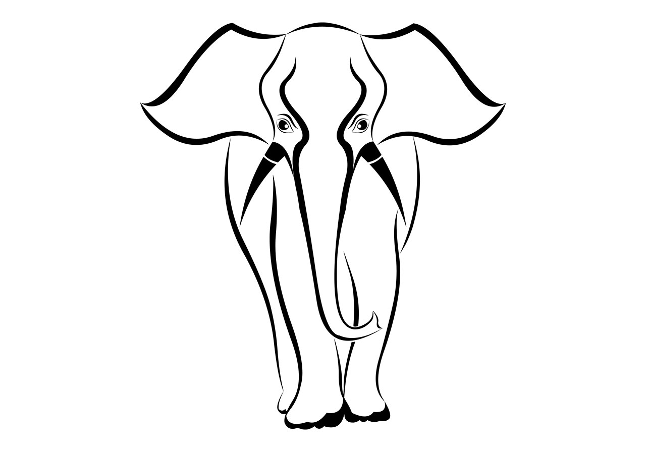 Elephant line art vector graphic. Large elephant clip art vector graphic. Black and white line art of an elephant vector graphic. A cartoon elephant, animal, wild animal vector graphic. Vector graphic with CC0 license, best for a variety of projects, including designs, animations, and more.