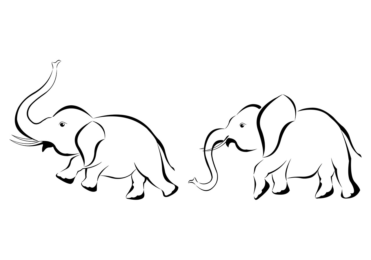 Elephants line art vector graphic. Set of black and white elephants clip art, line art vector graphic. Two stylized elephants drawn with bold, black outlines vector graphic. Animal clip art, line art vector graphic. Vector graphic with CC0 license, best for a variety of projects, including designs, animations, and more.