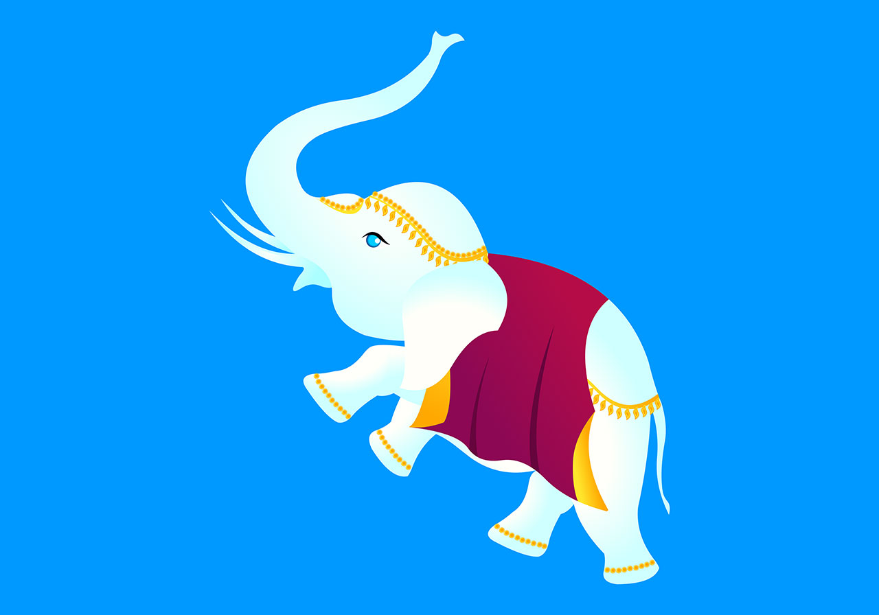 Fantasy animal, elephant vector graphic. A stylized, white elephant vector graphic. White elephant with its trunk raised high and curved gracefully upwards vector graphic. Vector graphic with CC0 license, best for a variety of projects, including designs, animations, and more.