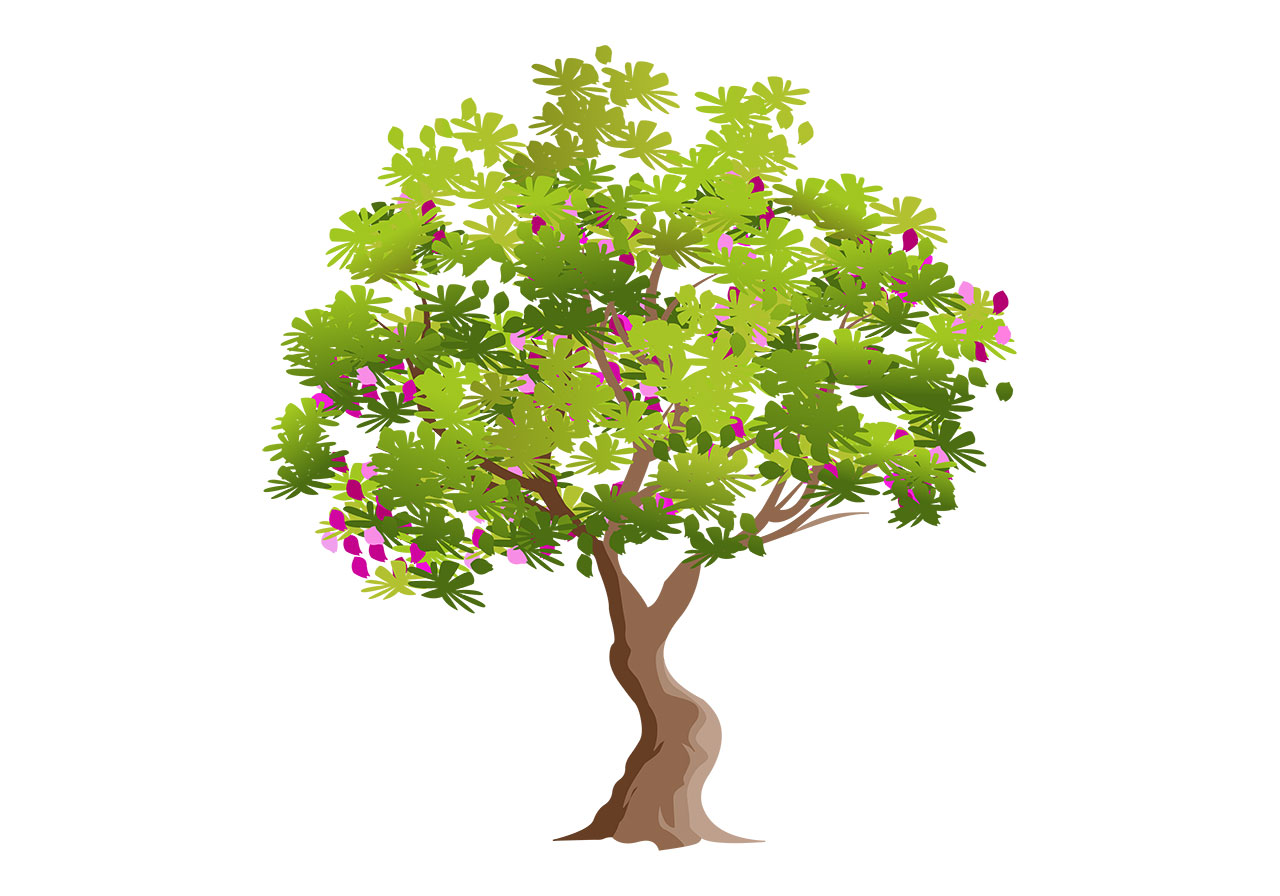 Flowering tree, tree vector graphic. A beautiful pink flowering tree with a single, thick trunk vector graphic. A stylized, vibrant tree with a lush canopy of green leaves and small, bright pink blossoms, vector graphic. Vector graphic with CC0 license, best for a variety of projects, including designs, animations, and more.