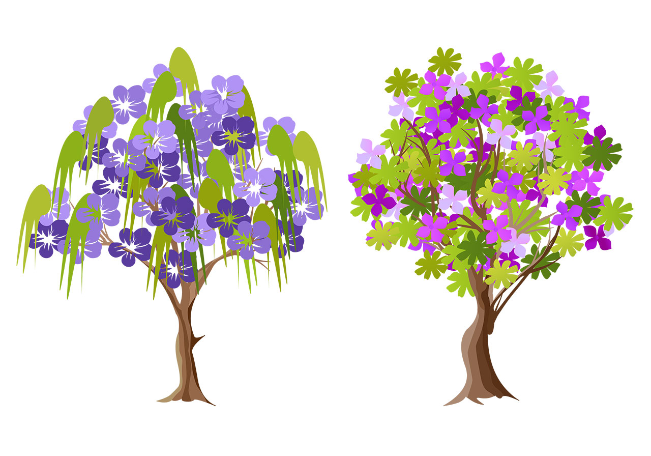 Flowering trees, plants vector graphic. A set of trees adorned with beautiful flowers vector graphic. Stunning cartoon trees with beautiful blossoms vector graphic. Vector graphic with CC0 license, best for a variety of projects, including designs, animations, and more.