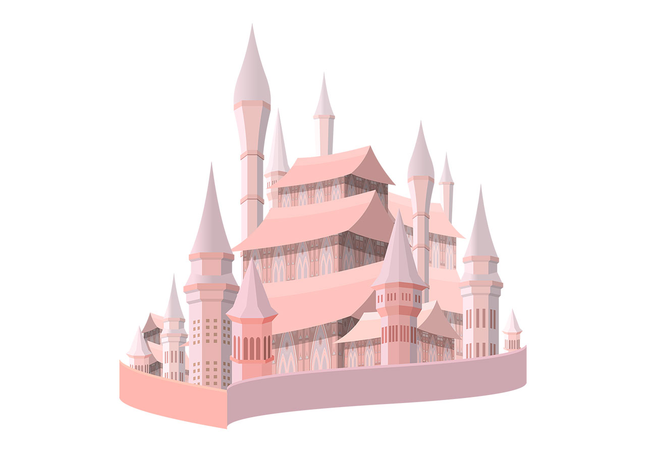 Fort, palace, castle vector graphic. Beautiful fairytale castle, fort vector graphic. Stunning cartoon castle vector graphic. Fantastical castle depicted as a sprawling structure with numerous towers of varying heights and designs, many culminating in sharp, conical spires vector graphic. Vector graphic with CC0 license, best for a variety of projects, including designs, animations, and more.