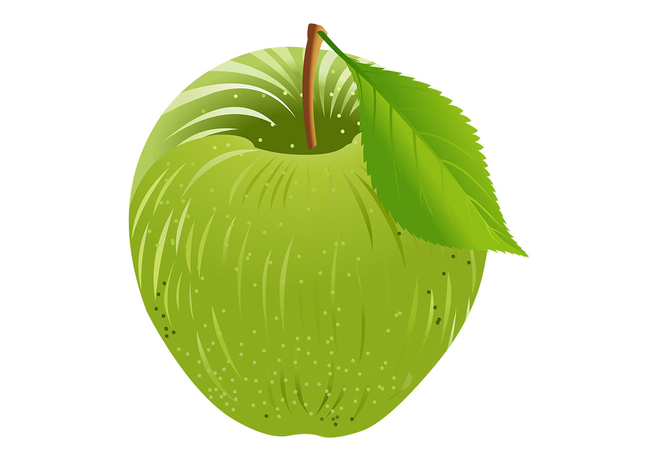 Fruit, green apple vector graphic. Green apple with leaves vector graphic. Fruit with leaves vector graphic. A single, vibrant green apple vector graphic. An apple rendered with a smooth, lustrous surface, suggesting ripeness and freshness, vector graphic. Vector graphic with CC0 license, best for a variety of projects, including designs, animations, and more.