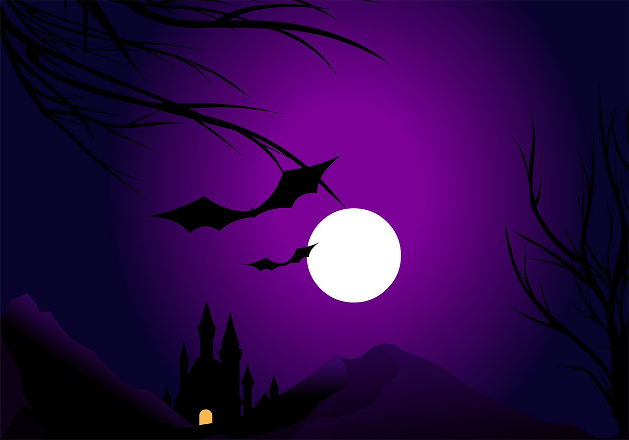 Haunted castle landscape vector graphic. Silhouette of a haunted castle at a scary night vector graphic. Haunted castle at moonlit night landscape vector graphic. Vector graphic with CC0 license, best for a variety of projects, including designs, animations, and more.