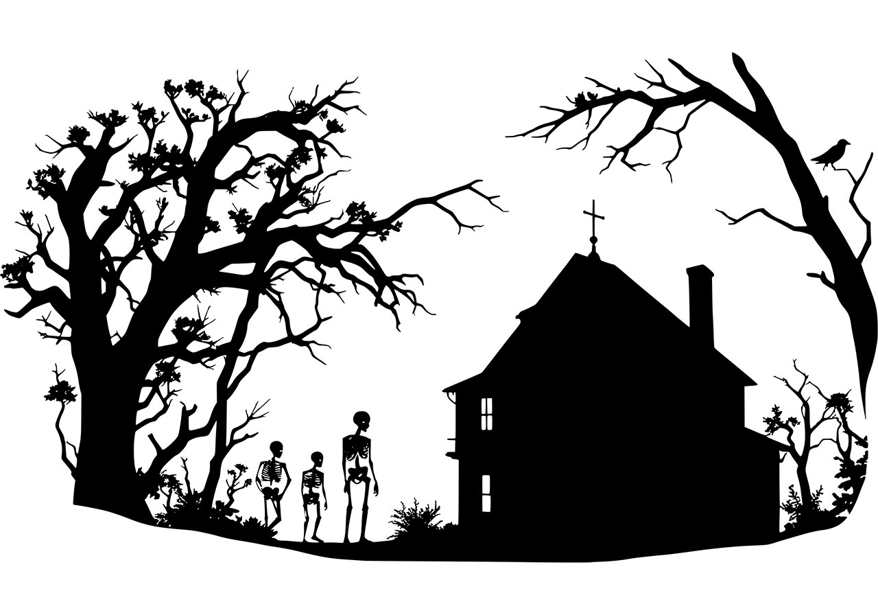 Haunted, castle, skeleton vector graphic. Scary skeletons with a haunted palace clip art vector graphic. Haunted silhouette with skeletons vector graphic. Vector graphic with CC0 license, best for a variety of projects, including designs, animations, and more.