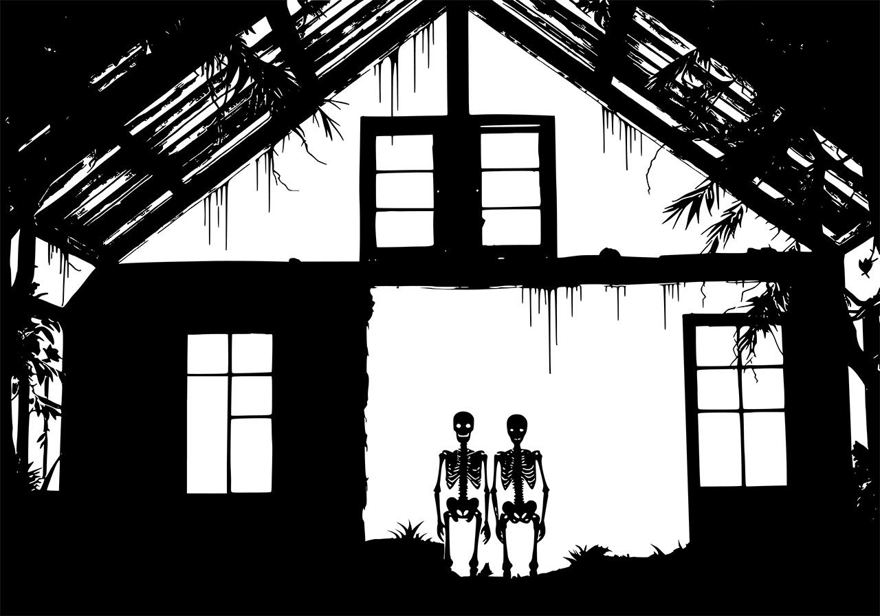 Haunted house, skeletons vector graphic. Haunted house clip art, line art vector graphic. Two skeletons standing in a haunted, broken house vector graphic. Black and white haunted house vector graphic. Vector graphic with CC0 license, best for a variety of projects, including designs, animations, and more.