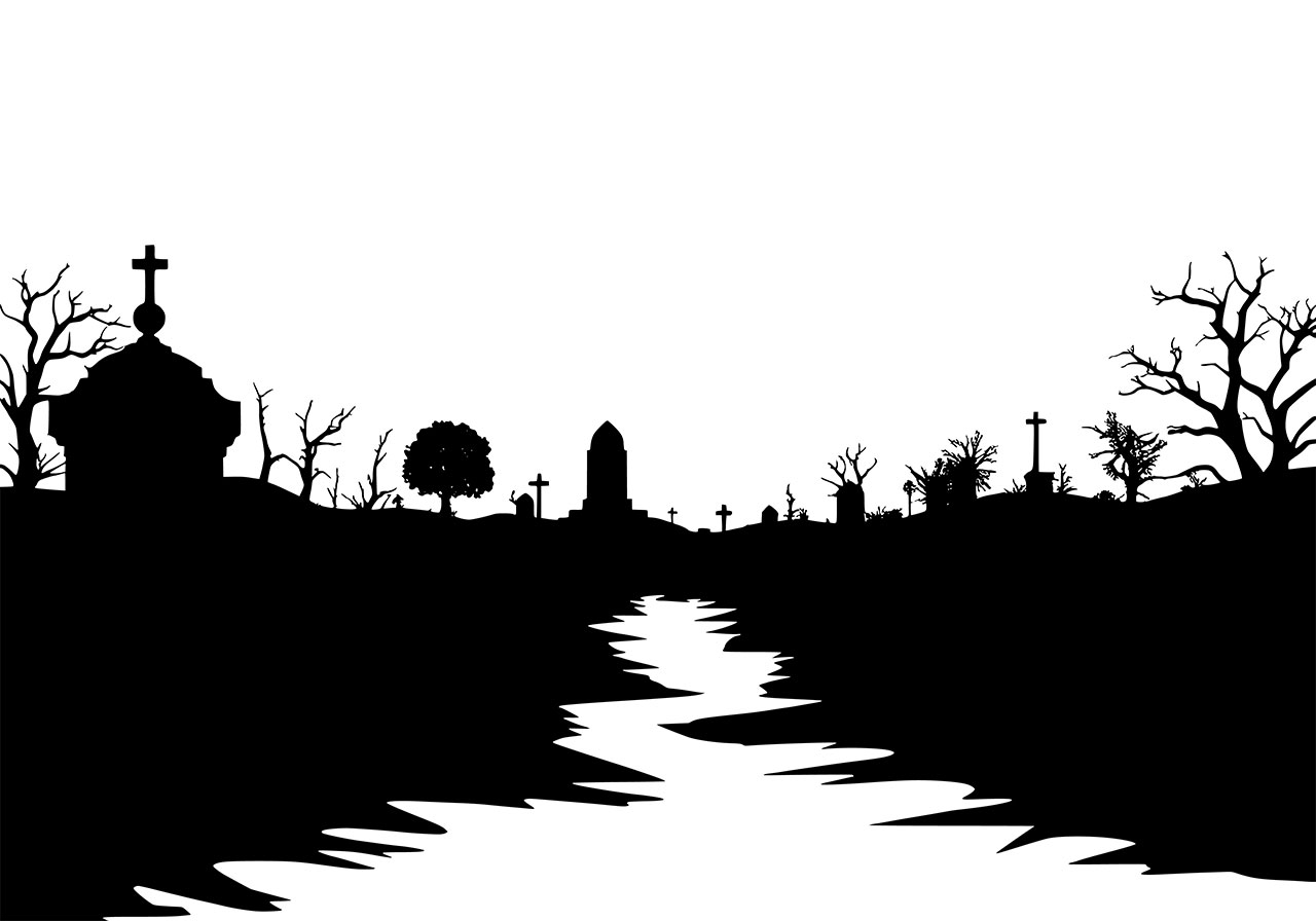 Haunted scary cemetery vector graphic. Haunted cemetery clip art vector graphic. Black and white line art of a scary cemetery vector graphic. Haunted graveyard clip art vector graphic. Vector graphic with CC0 license, best for a variety of projects, including designs, animations, and more.