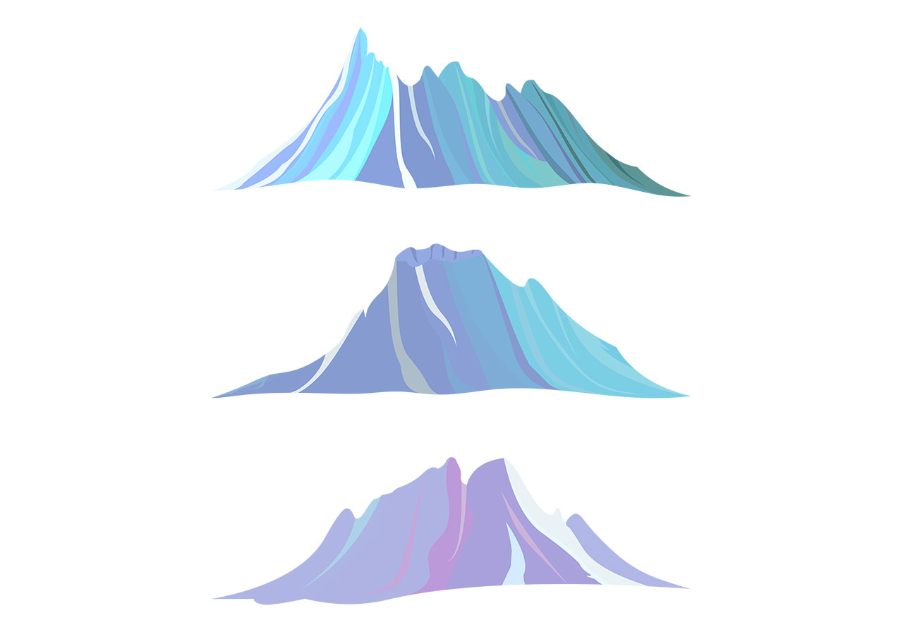 Hills, mountains, peak vector graphic. A set of mountains, hills, peaks vector graphic. A set of mountain ranges vector graphic. Three stylized mountain ranges, each rendered with bold, flat colors and distinct, angular forms vector graphic. Vector graphic with CC0 license, best for a variety of projects, including designs, animations, and more.