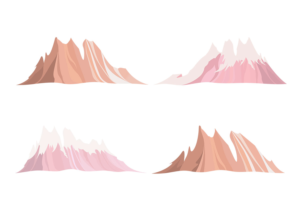 Hills, peaks, mountains vector graphic. Brown sandstone mountain vector graphic. Brown mountains, hills vector graphic. Beautiful mountains with sharp, jagged peaks, heavily adorned with pink and white snow vector graphic. Vector graphic with CC0 license, best for a variety of projects, including designs, animations, and more.