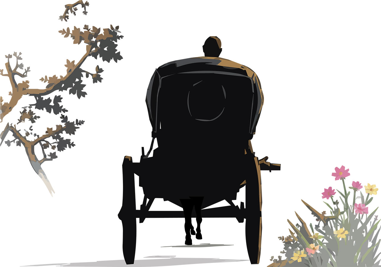 Horse cart, jungle vector graphic. Horse-drawn cart running through a jungle vector graphic. A person seated within a horse-drawn carriage, viewed from directly behind vector graphic. Vector graphic with CC0 license, best for a variety of projects, including designs, animations, and more.