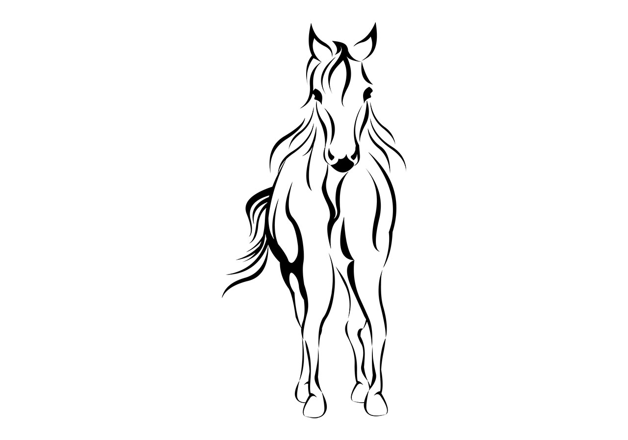Horse line art vector graphic. Beautiful animal, standing horse clip art vector graphic. Black and white horse line art vector graphic. A stylized, black and white line drawing of a horse vector graphic. Vector graphic with CC0 license, best for a variety of projects, including designs, animations, and more.