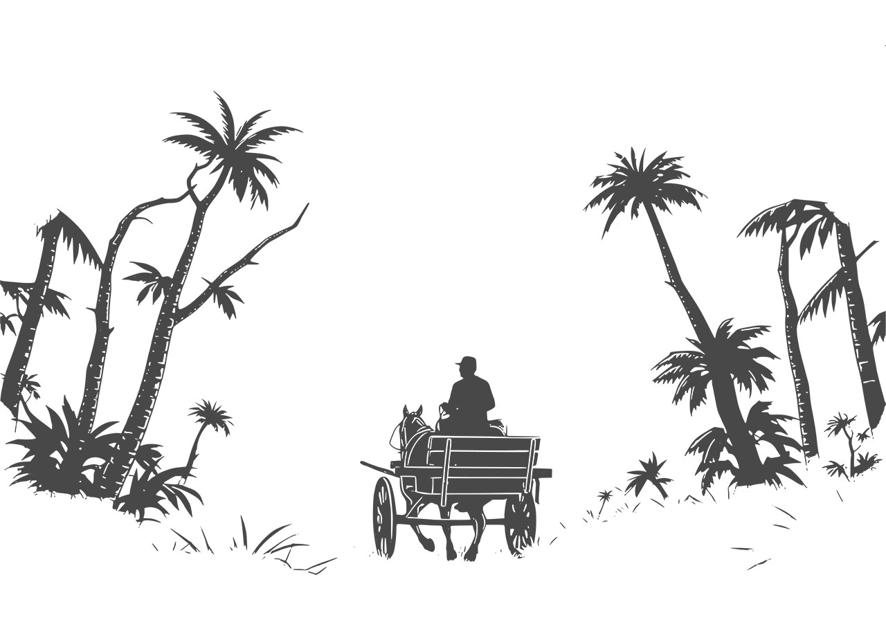Jungle, horse cart vector graphic. Black and white silhouette of a person driving a horse-drawn cart vector graphic. A horse-drawn cart clip art, line art vector graphic. Vector graphic with CC0 license, best for a variety of projects, including designs, animations, and more.