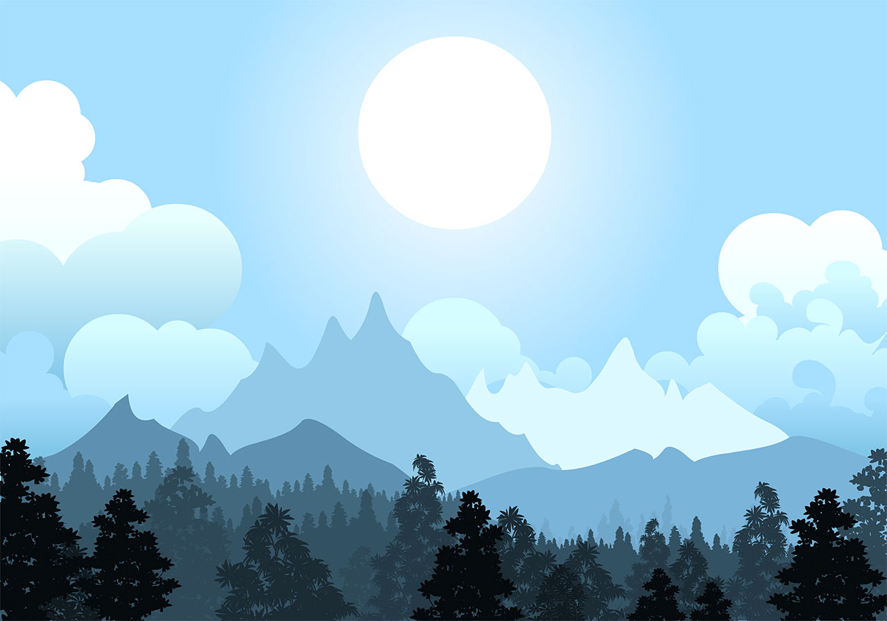 Jungle, mountain landscape vector graphic. Blue mountains, hills, peaks with jungle landscape vector graphic. Silhouettes of dense evergreen trees, rendered in dark, almost black, tones. Behind these trees, a series of layered mountain ranges recedes into the distance vector graphic. Vector graphic with CC0 license, best for a variety of projects, including designs, animations, and more.
